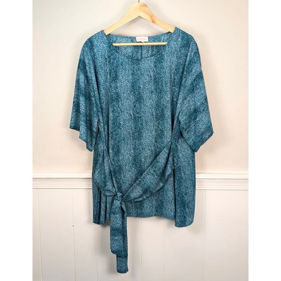 Molly & Isadora Kara Tie-Front Kimono Sleeve Tunic Top in Teal Print Size 2X - Picture 1 of 10